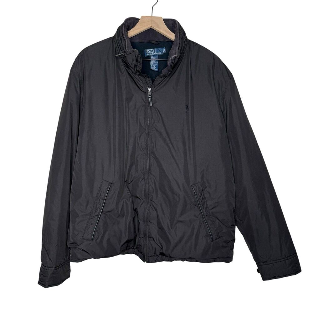 Polo Ralph Lauren Jacket Mens XL Black Flight Coat Leather Collar w/ Hood VTG